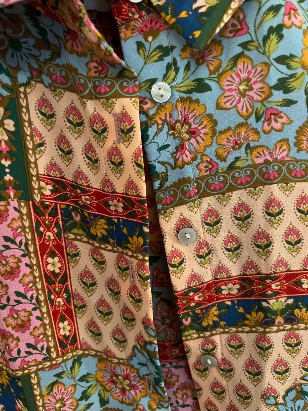 Rose & Olive Patchwork Floral Button-Down Shirt in Pink, Blue & Green